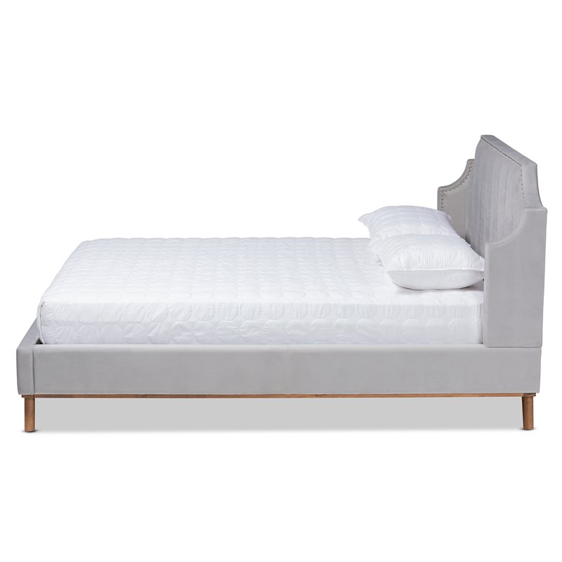 Bowery Hill Contemporary King Size Light Gray Velvet Wingback Platform Bed