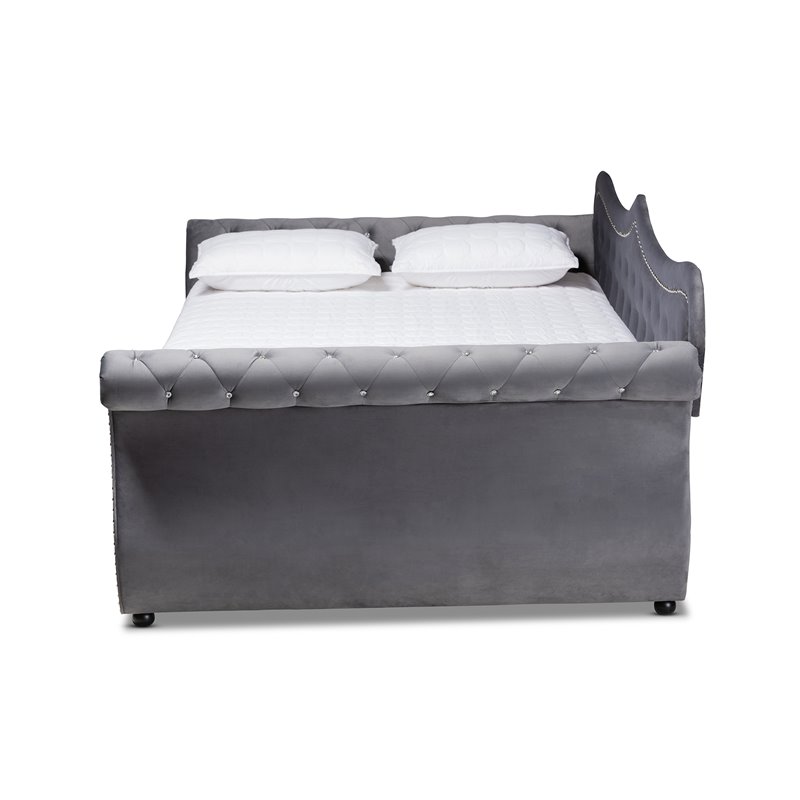Bowery Hill Velvet Gray Daybed Rectangular Crystal Tufted Full Size 93.7