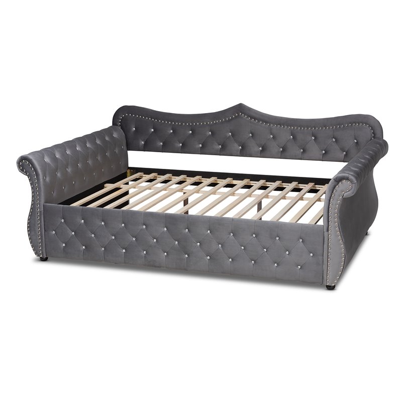 Bowery Hill Velvet Gray Daybed Rectangular Crystal Tufted Full Size 93.7