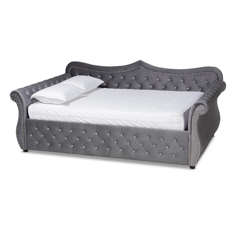 Bowery Hill Velvet Gray Daybed Rectangular Crystal Tufted 98.82