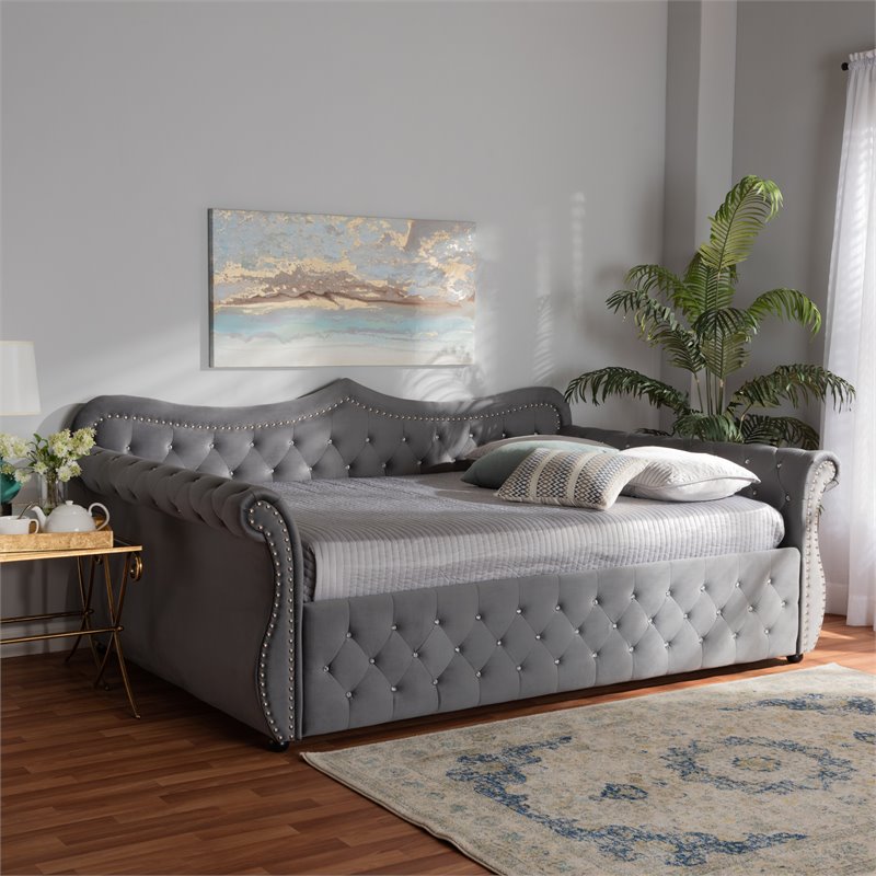 Bowery Hill Velvet Gray Daybed Rectangular Crystal Tufted 98.82