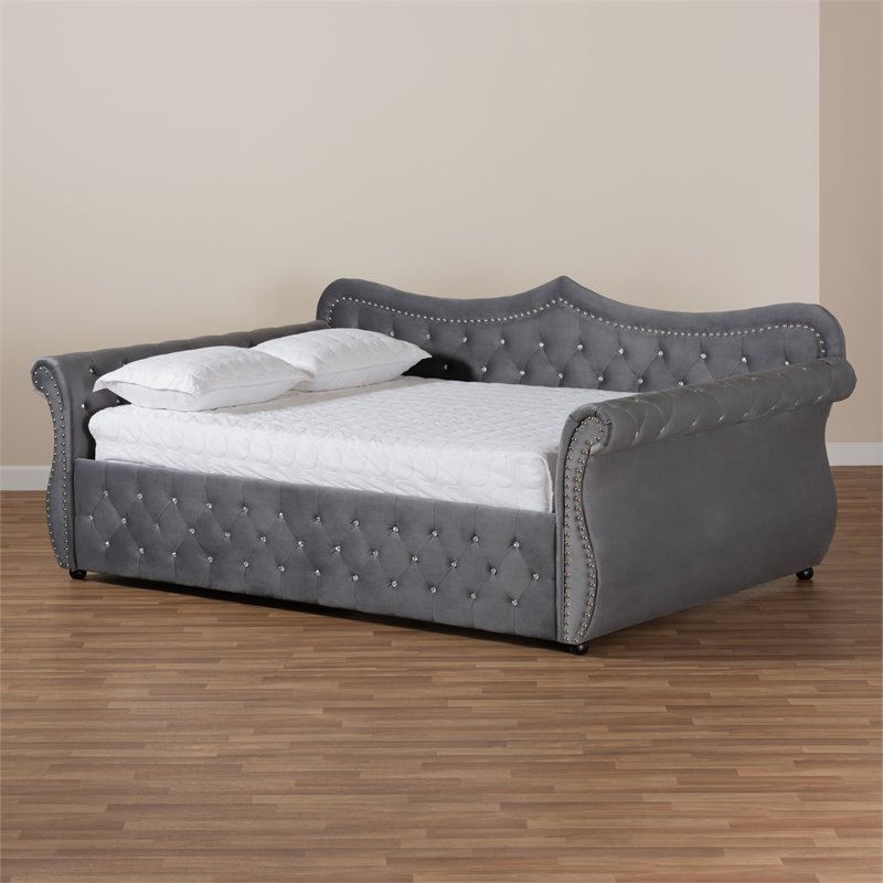 Bowery Hill Velvet Gray Daybed Rectangular Crystal Tufted 98.82
