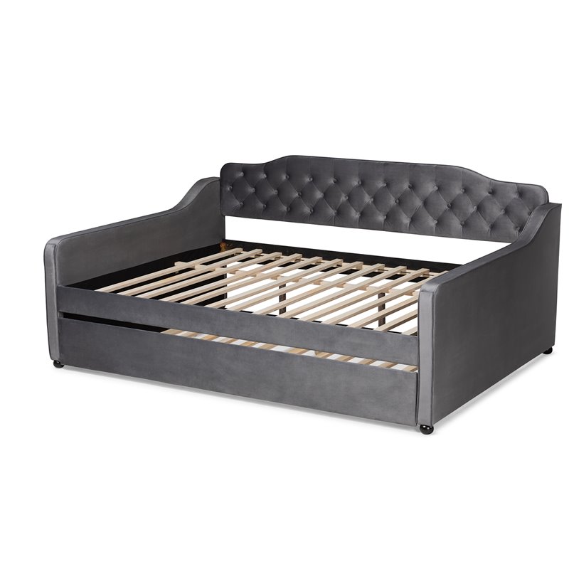 Bowery Hill Transitional Velvet Button Tufted Full Daybed with Trundle in Gray