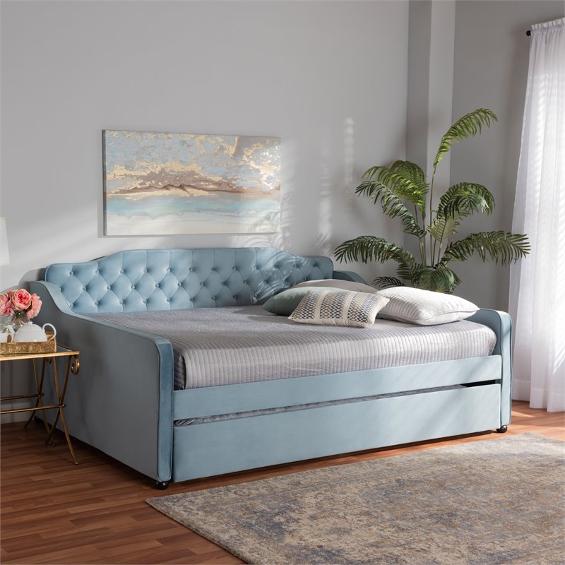 Bowery Hill Velvet Light Blue Daybed Rectangular Button Tufted 83.27