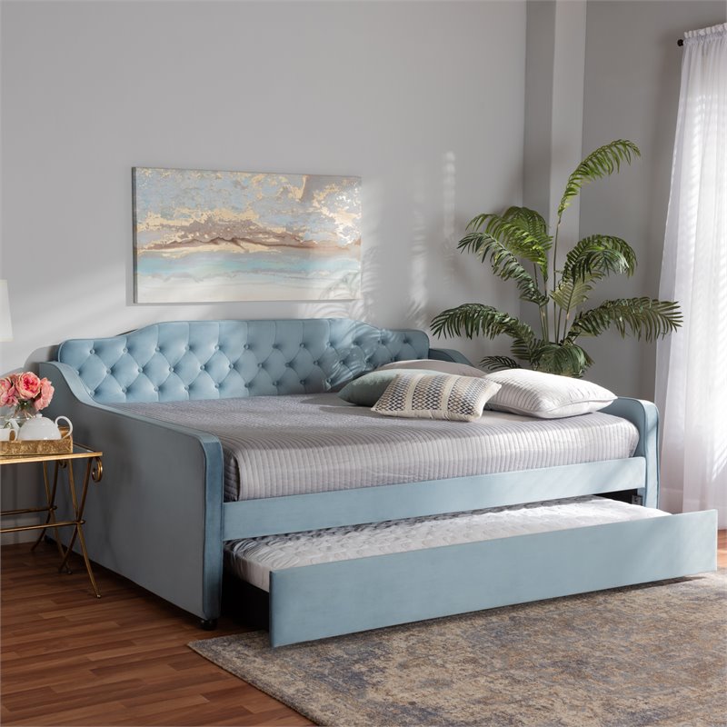 Bowery Hill Velvet Light Blue Daybed Rectangular Button Tufted 83.27