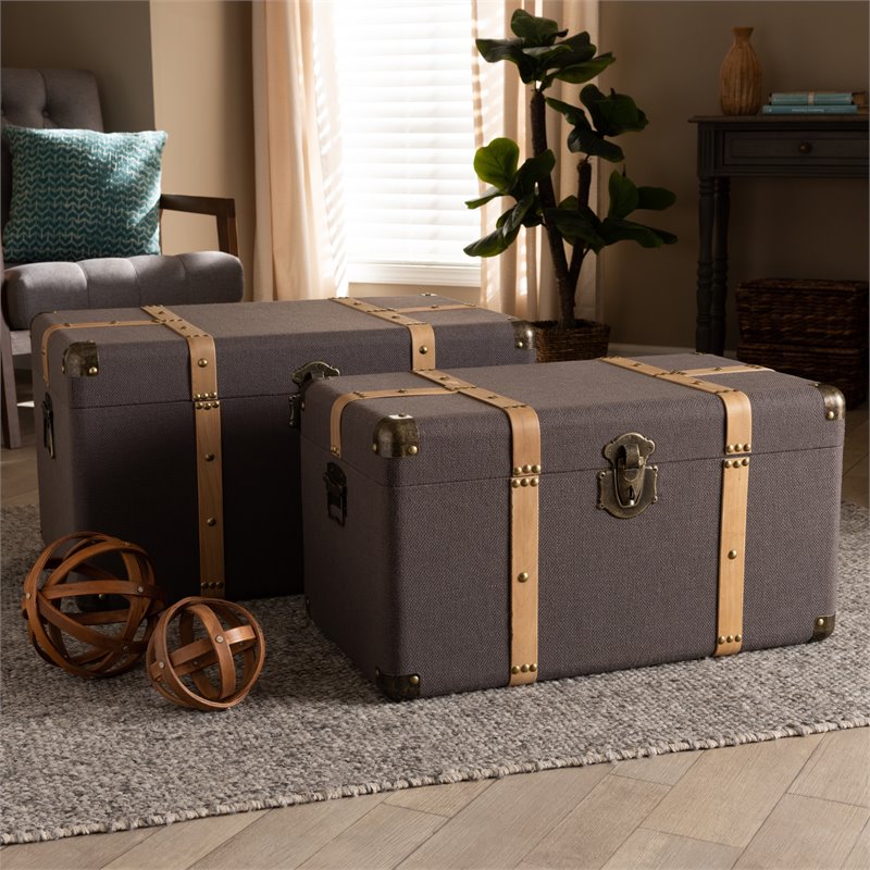 Bowery Hill Dark Brown Upholstered Oak Finished 2-Piece Trunk Set