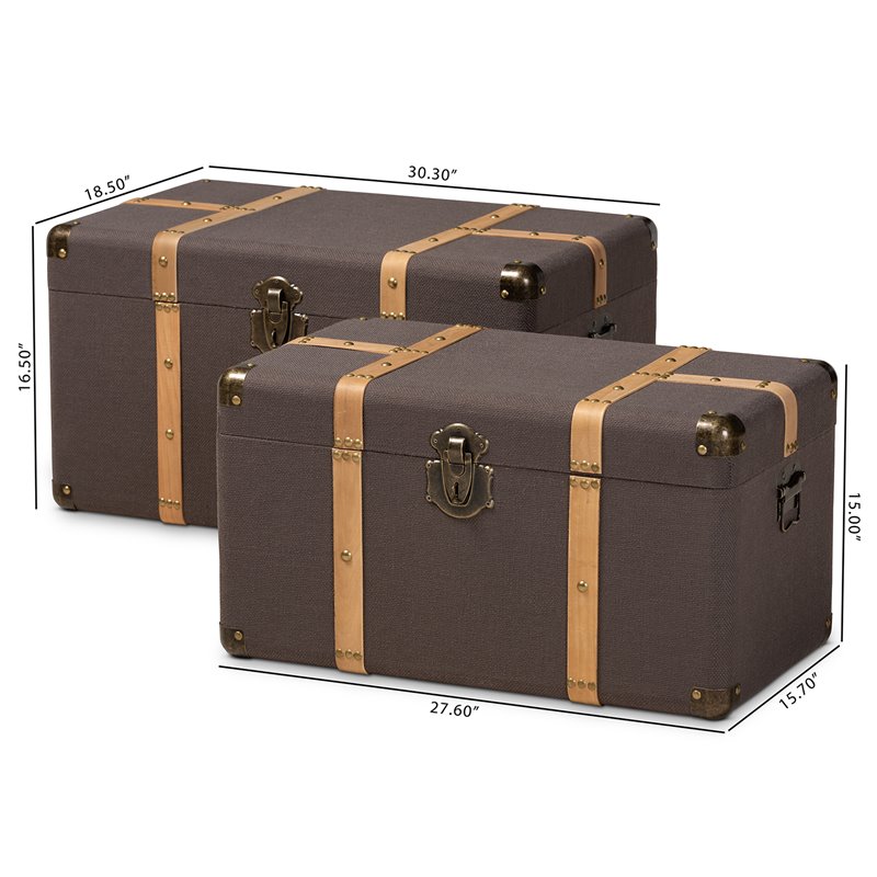 Bowery Hill Dark Brown Upholstered Oak Finished 2-Piece Trunk Set