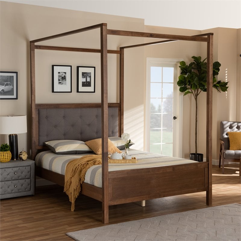 Bowery Hill Queen Size Grey Upholstered Walnut Finished Canopy Bed