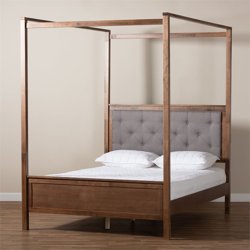 Bowery Hill Queen Size Grey Upholstered Walnut Finished Canopy Bed