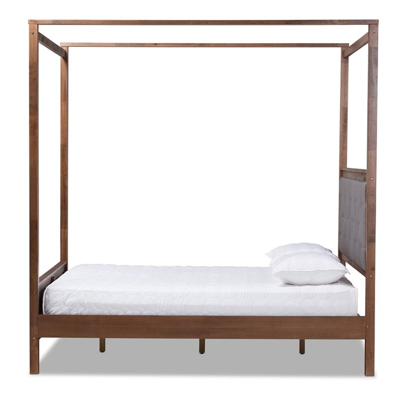 Bowery Hill King Size Grey Upholstered Walnut Finished Canopy Bed