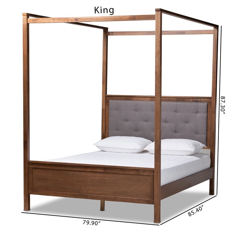 Bowery Hill King Size Grey Upholstered Walnut Finished Canopy Bed