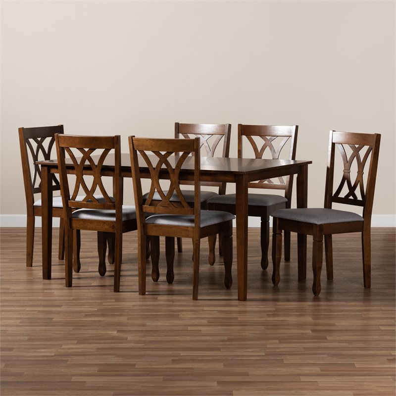 Bowery Hill Grey Upholstered Walnut Finished 7-Piece Dining Set