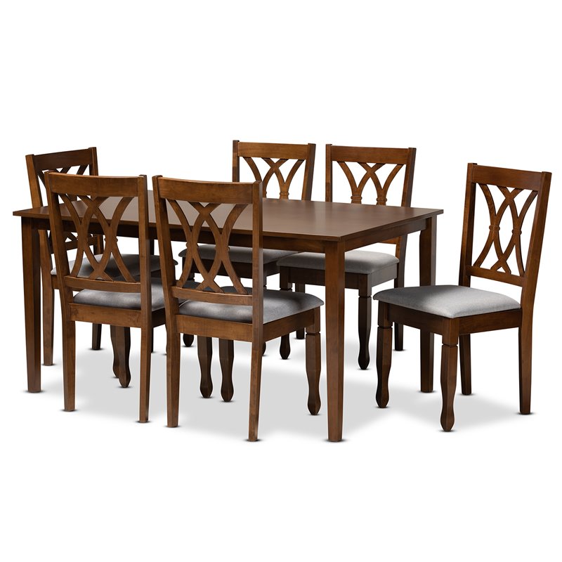Bowery Hill Grey Upholstered Walnut Finished 7-Piece Dining Set