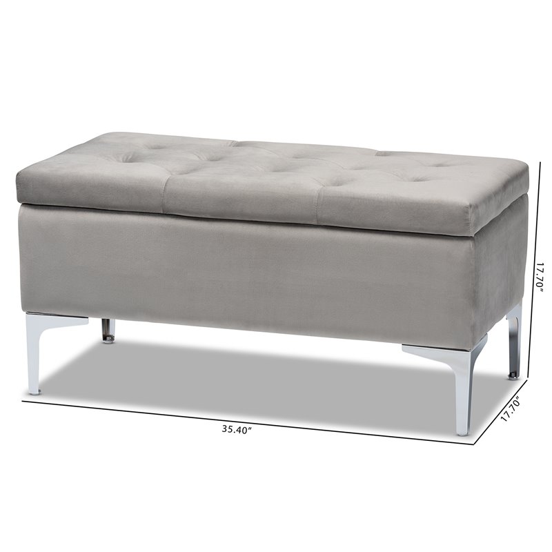 Bowery Hill Grey Velvet Silver Finished Storage Ottoman