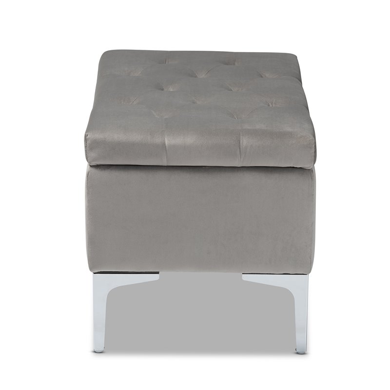 Bowery Hill Grey Velvet Silver Finished Storage Ottoman