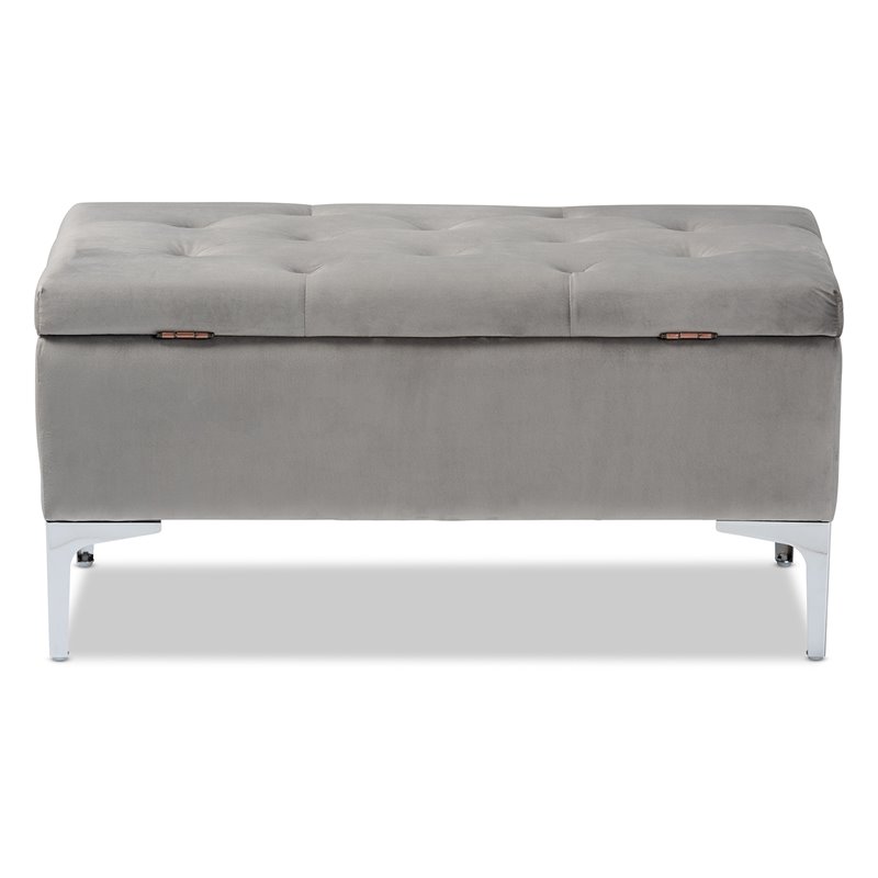 Bowery Hill Grey Velvet Silver Finished Storage Ottoman