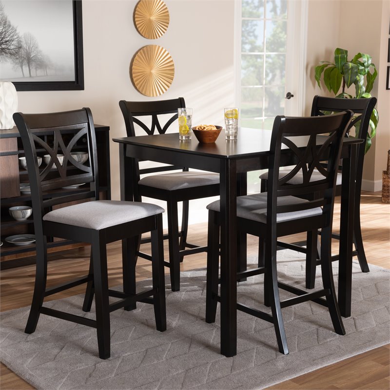 Bowery Hill Gray Upholstered Espresso Finished Wood 5-Piece Pub Set