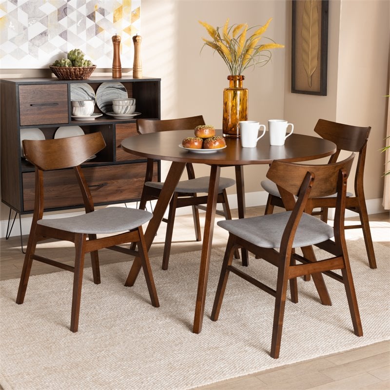 Bowery Hill Gray Upholstered Walnut Wood 5-Piece Dining Set
