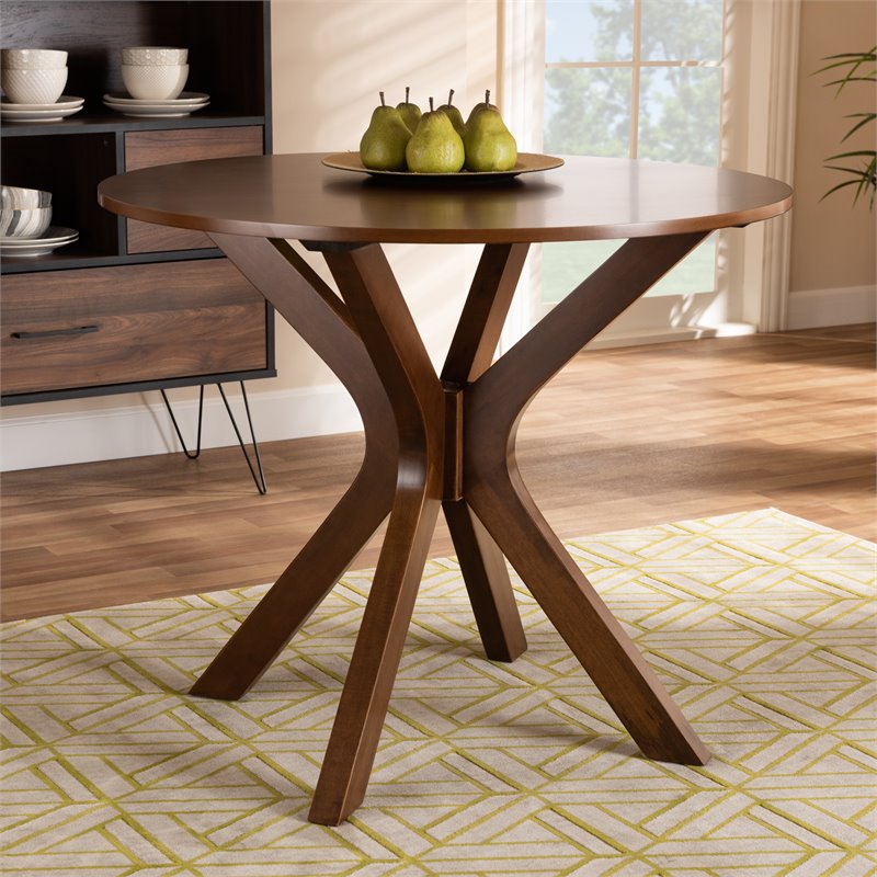 Bowery Hill Rubberwood Walnut Brown Dining Table Round Assembly Required 35.4