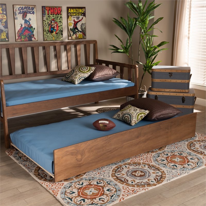 Bowery Hill Walnut Brown Finished Wood Twin Size Trundle Bed