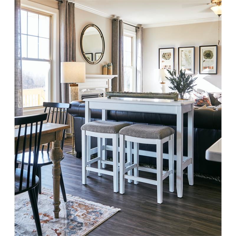 Bowery Hill Traditional Wood Sofa Table with Two Stools in White