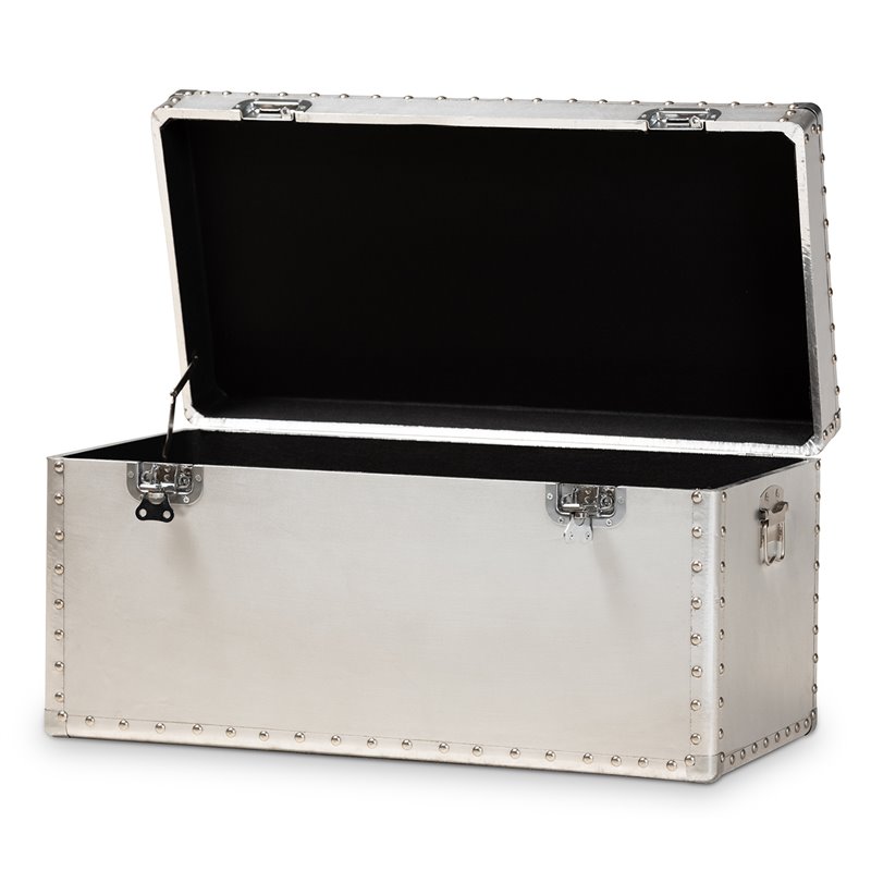 Bowery Hill Mid-Century Metal and Wood Storage Trunk in Silver