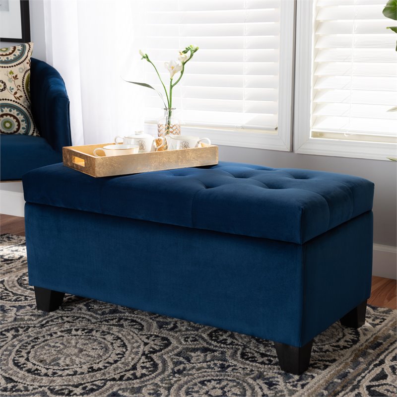 Bowery Hill Navy Blue Velvet Upholstered Storage Ottoman