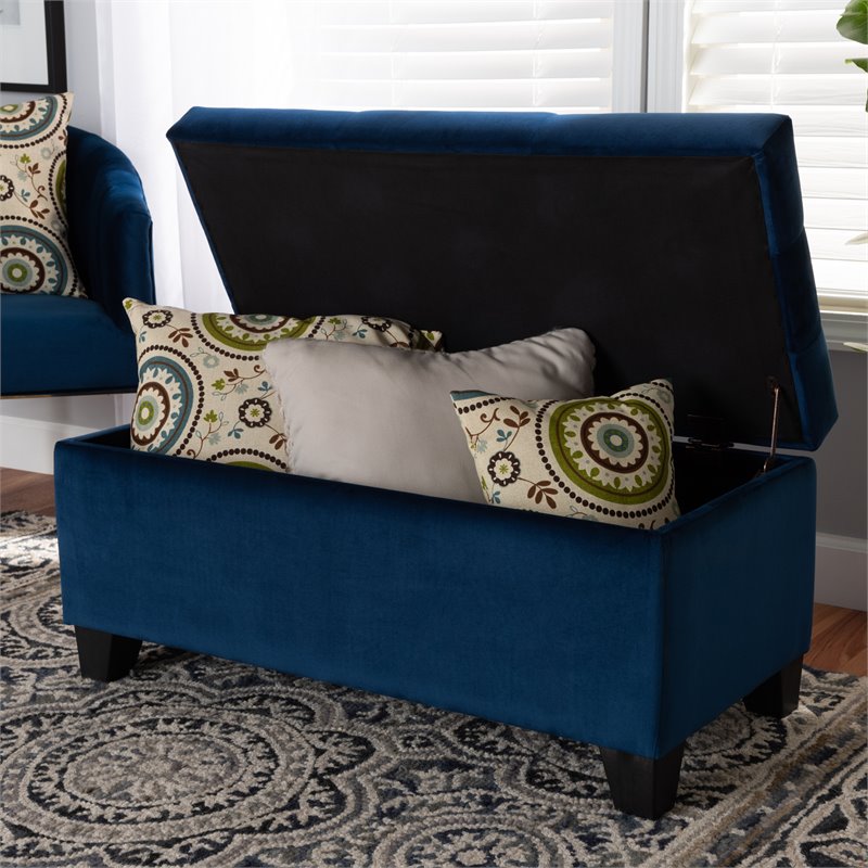 Bowery Hill Navy Blue Velvet Upholstered Storage Ottoman