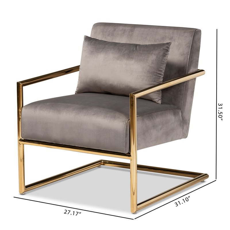 Bowery Hill Grey Velvet Upholstered Gold Metal Lounge Chair