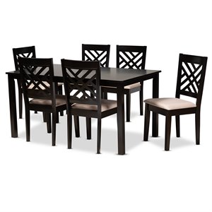 Bowery Hill Sand Upholstered Espresso Wood 7-Piece Dining Set