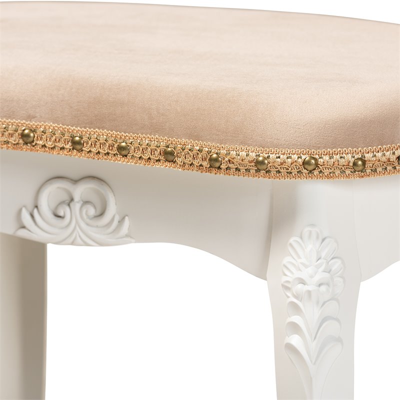 Bowery Hill Sand Velvet Upholstered White Wood Vanity Ottoman