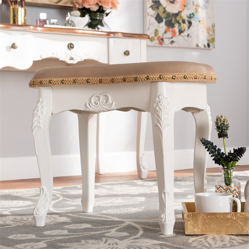 Bowery Hill Sand Velvet Upholstered White Wood Vanity Ottoman
