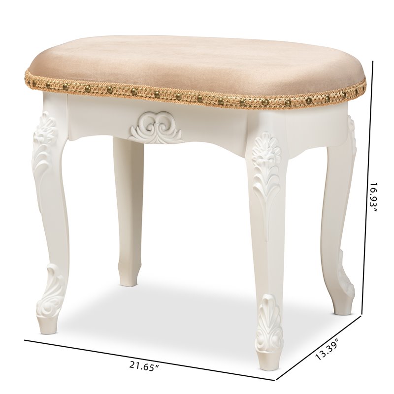 Bowery Hill Sand Velvet Upholstered White Wood Vanity Ottoman