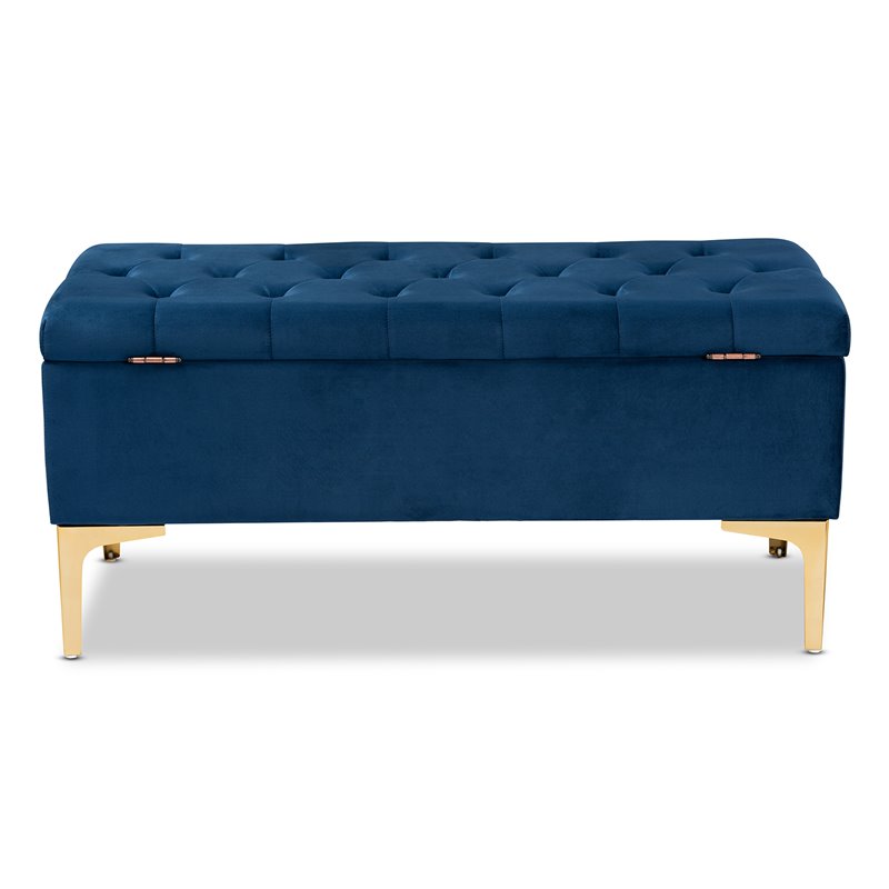 Bowery Hill Velvet Navy Blue Ottoman Rectangular Button Tufted Storage 38