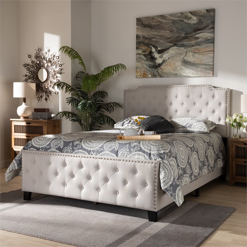 Bowery Hill Transitional Fabric Button Tufted Full Size Panel Bed in Beige