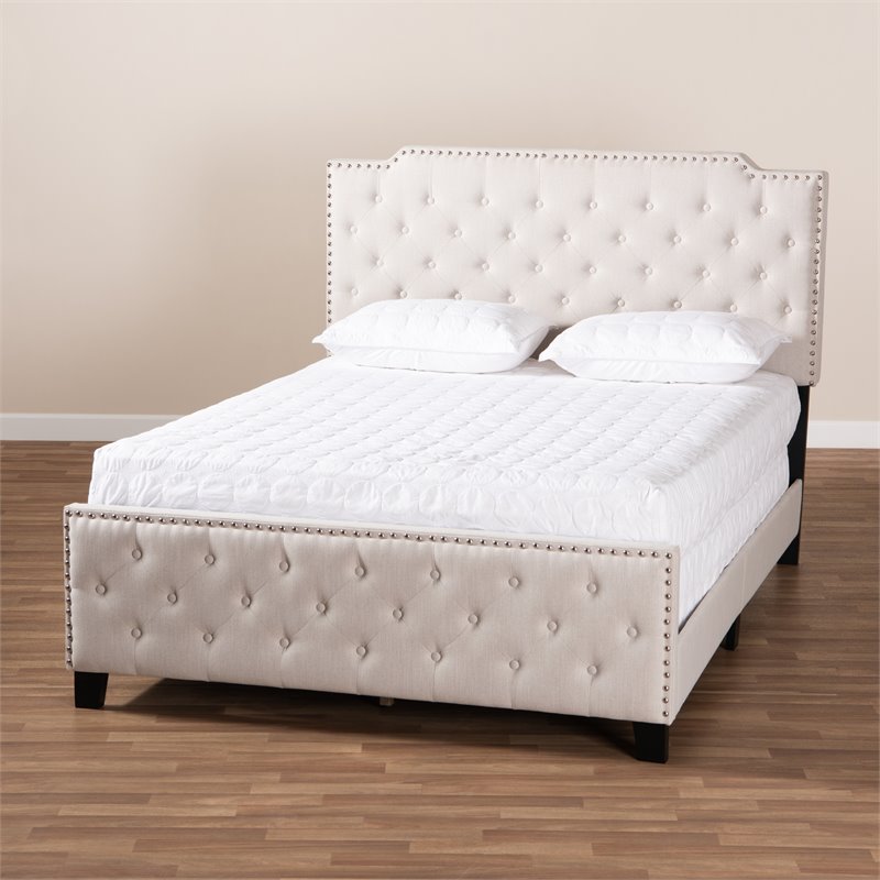Bowery Hill Transitional Fabric Button Tufted Full Size Panel Bed in Beige