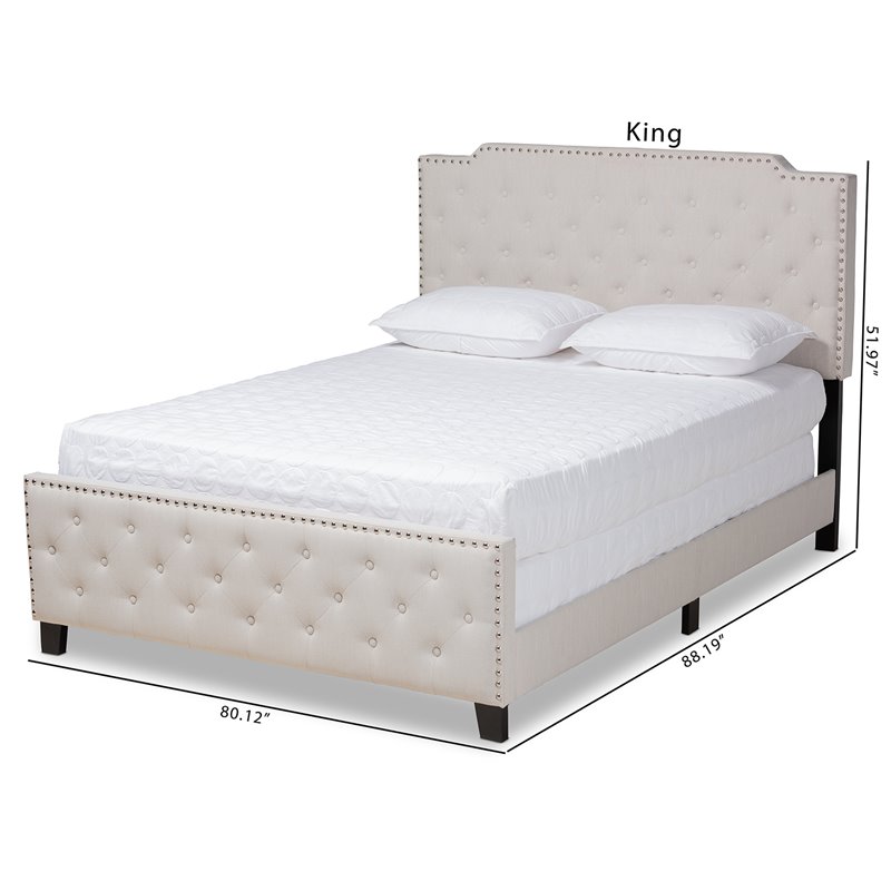 Bowery Hill Transitional Fabric Button Tufted King Size Panel Bed in Beige