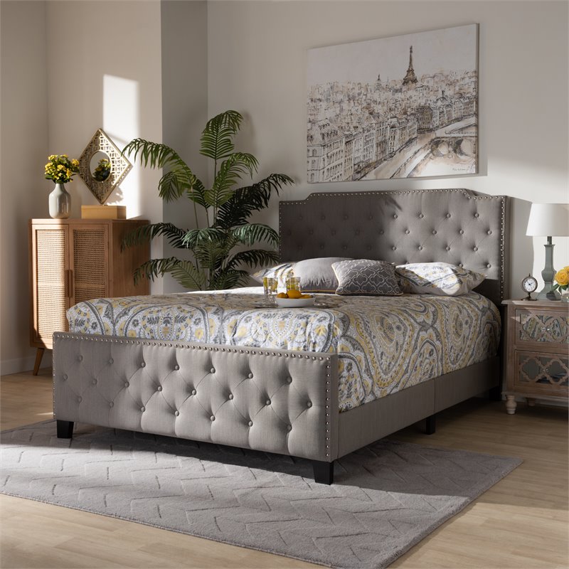 Bowery Hill Transitional Queen Size Grey Upholstered Button Tufted Panel Bed