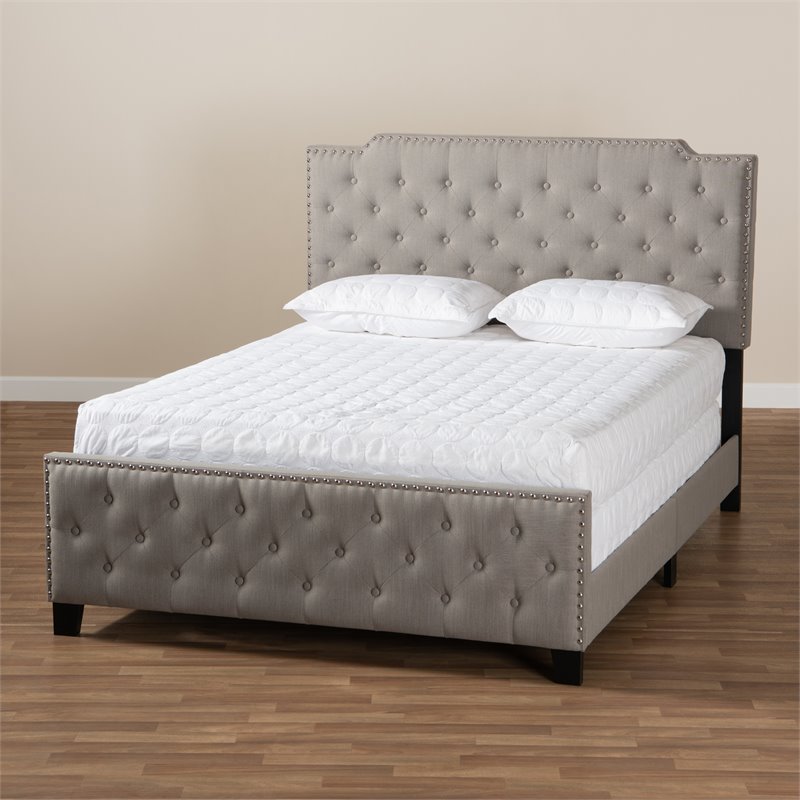 Bowery Hill Transitional Queen Size Grey Upholstered Button Tufted Panel Bed