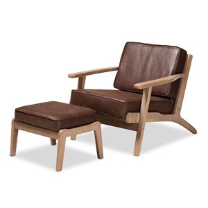 Bowery Hill Dark Brown Faux Leather Oak Armchair and Ottoman Set