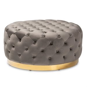 Bowery Hill Velvet Gray Cocktail Ottoman Round Button Tufted 35.43&quot Fully Assembled