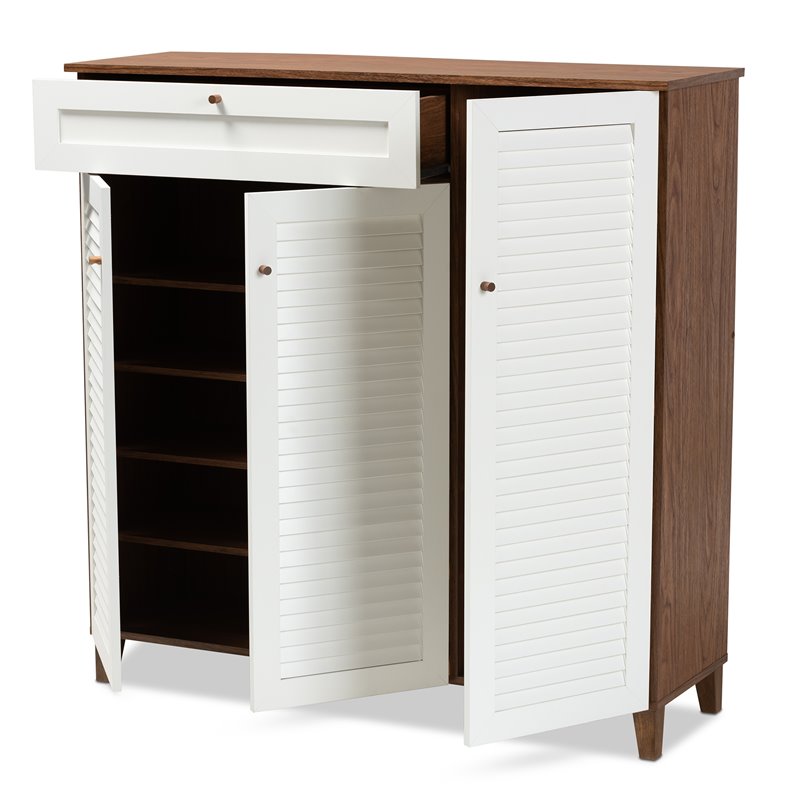 Bowery Hill Walnut Finished 11-Shelf Wood Shoe Cabinet with Drawer