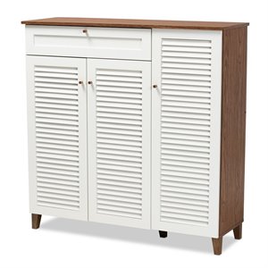 Bowery Hill Walnut Finished 11-Shelf Wood Shoe Cabinet with Drawer