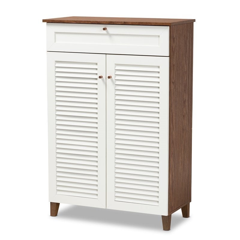 Bowery Hill White and Walnut 5-Shelf Wood Shoe Cabinet with Drawer