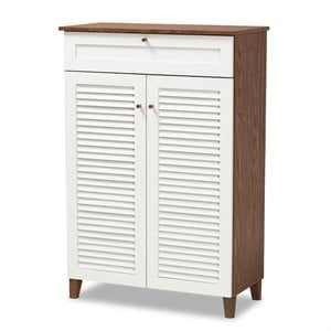 Bowery Hill White and Walnut 5-Shelf Wood Shoe Cabinet with Drawer