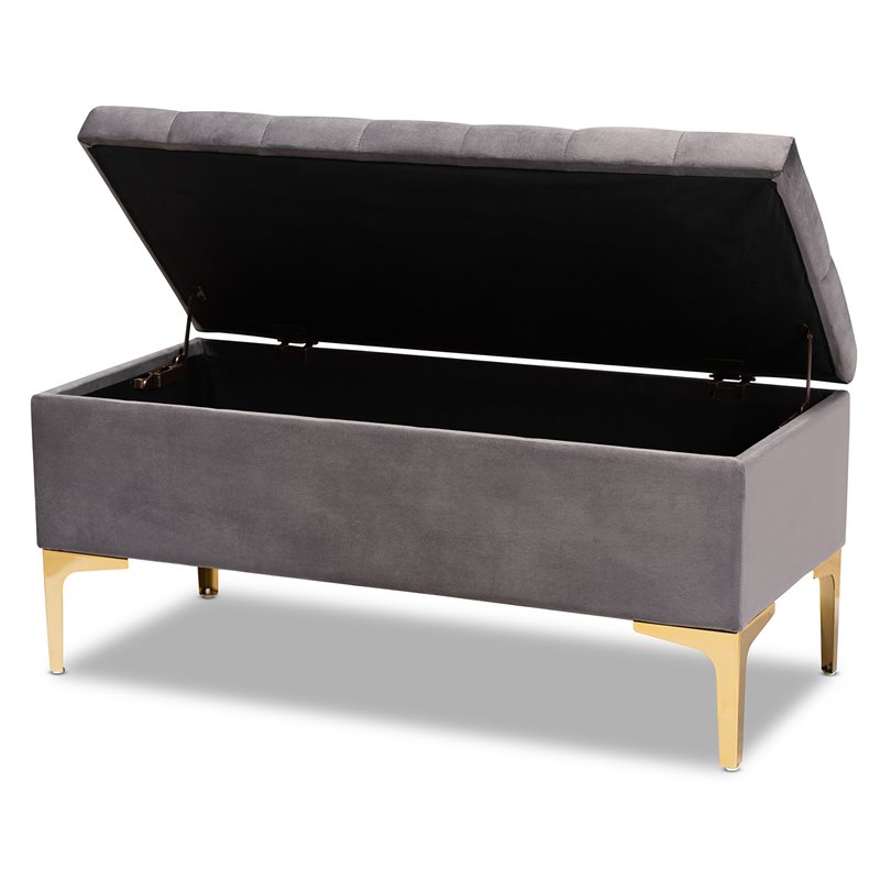 Bowery Hill Grey Velvet Gold Finished Button Tufted Storage Ottoman