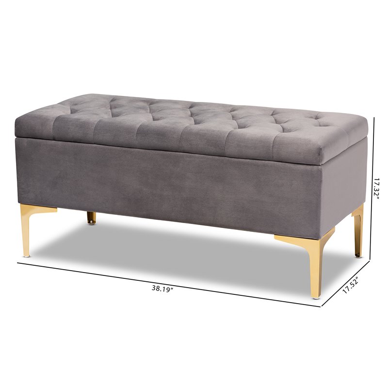 Bowery Hill Grey Velvet Gold Finished Button Tufted Storage Ottoman