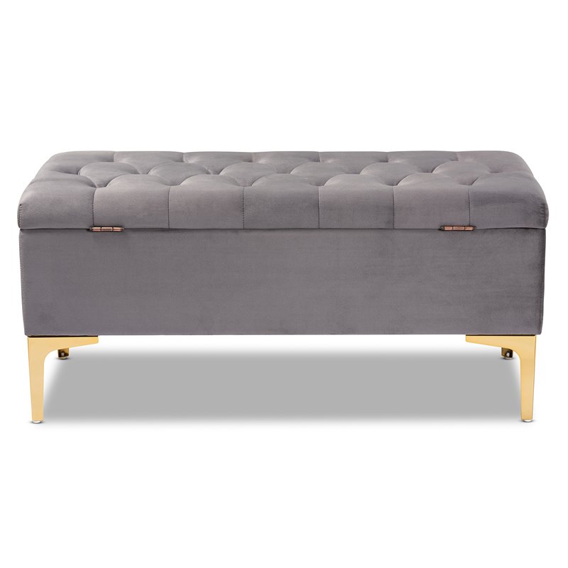 Bowery Hill Grey Velvet Gold Finished Button Tufted Storage Ottoman