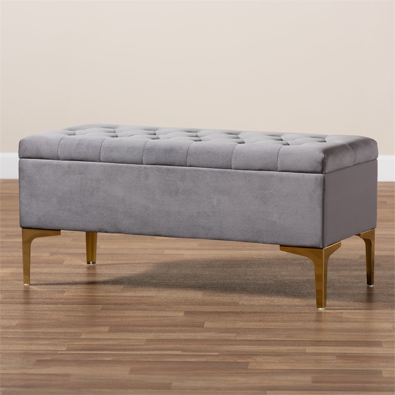 Bowery Hill Grey Velvet Gold Finished Button Tufted Storage Ottoman