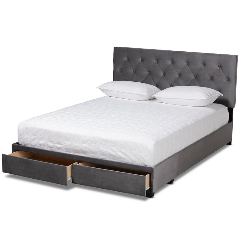 Bowery Hill Modern Velvet Tufted Platform Storage Queen Bed in Gray